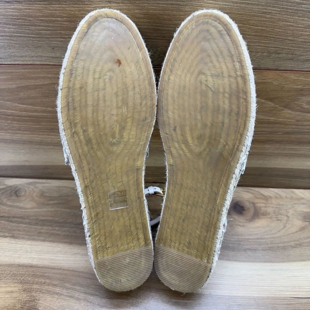 Tory Burch Eleanor Espadrille Flats 10 Cream Gold Logo Ankle Strap Resort Travel
